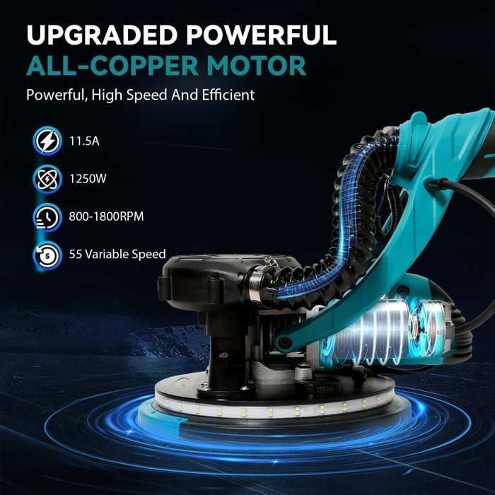 1250W Giraffe Sander with Integrated Vacuum, 5 Speeds (800-1800 RPM), LED Light, Telescopic Handle, 4m Cable, Polishing