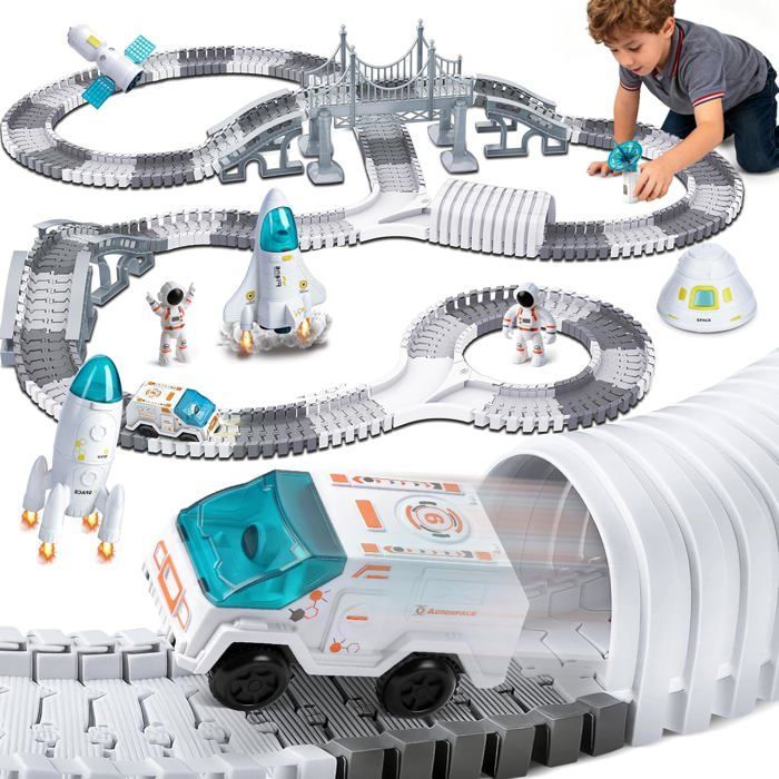 Pista per macchinine per bambini - BLEOSAN - Pista per macchinine a tema spaziale - 332 pezzi - Piste modulari
