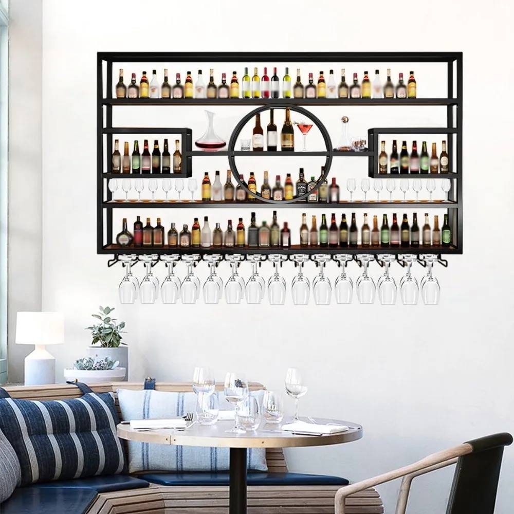 Portabottiglie da parete da 47 pollici, grande capacità, scaffale espositivo per bottiglie di vino sospese con portabicchieri, bar industriale a 4 livelli per liquori