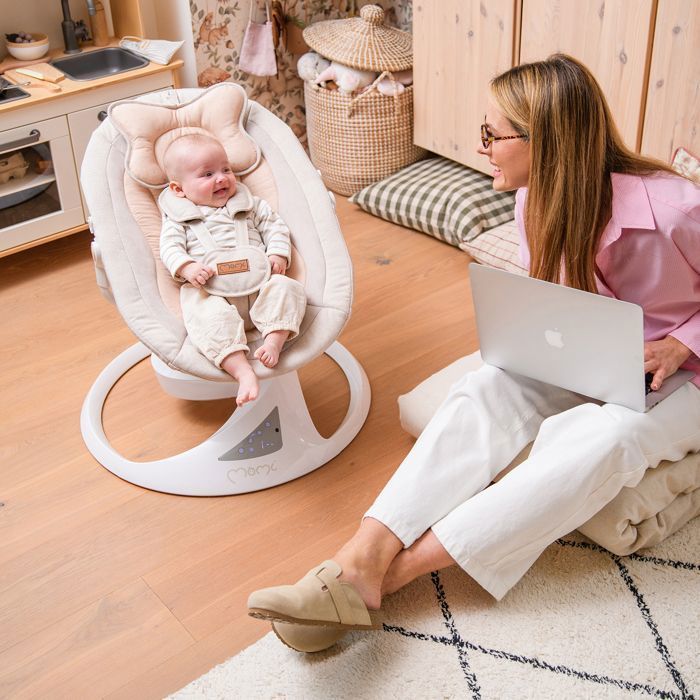MoMi PEARL - Balancelle bébé électrique 360° - 5 vitesses, 10 mélodies, Bluetooth - Dossier réglable - Arche à jouets - Gris