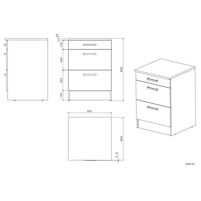 OSLO Meuble Bas 3 tiroirs + plan - Décor blanc - L 60 x P 60 x H 86 cm