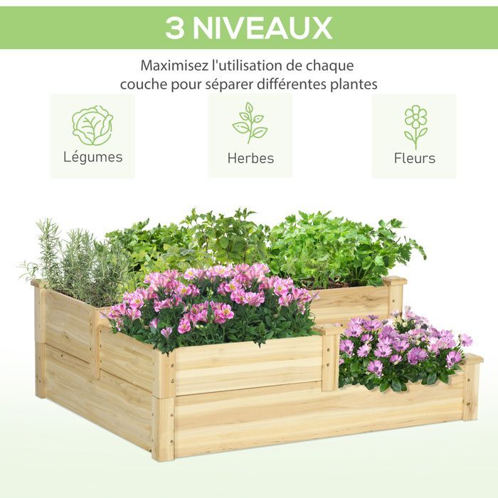 Huerto elevado Outsunny - 3 niveles - zonas independientes - diseño sin fondo - madera maciza - 108 x 88 x 36 cm - madera natural