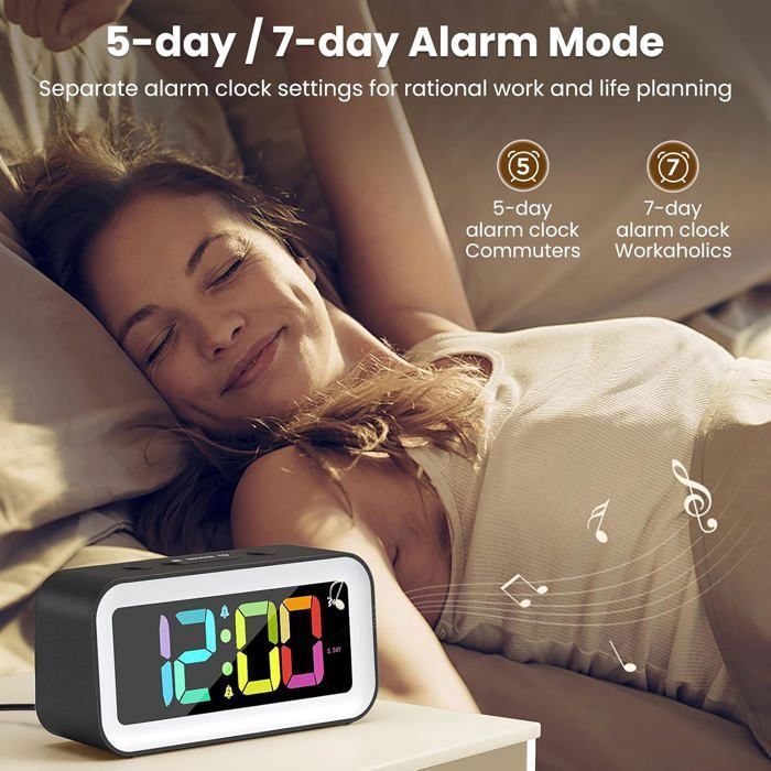 Réveil Numérique, Reveil Enfant Lumineux avec Veilleuse 7 Couleurs, LED Horloge Digitale, Ado Reveil Matin, avec 2 Modes d'Alarme
