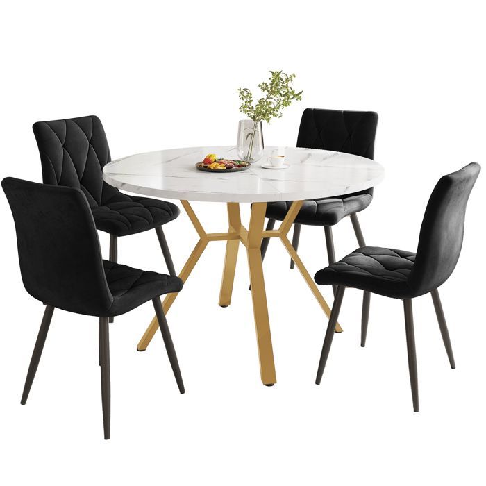 Juego de comedor - Conjunto de mármol y terciopelo - Mesa redonda con efecto mármol - Base de metal dorado - 4 sillas de terciopelo negro