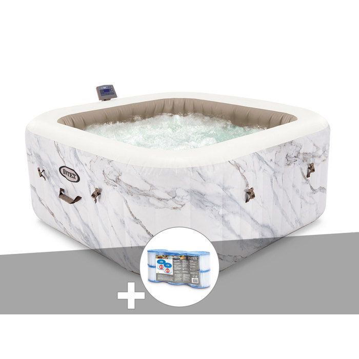 Kit de jacuzzi inflable cuadrado Intex PureSpa Calacatta con burbujas, capacidad para 4 personas + 6 filtros
