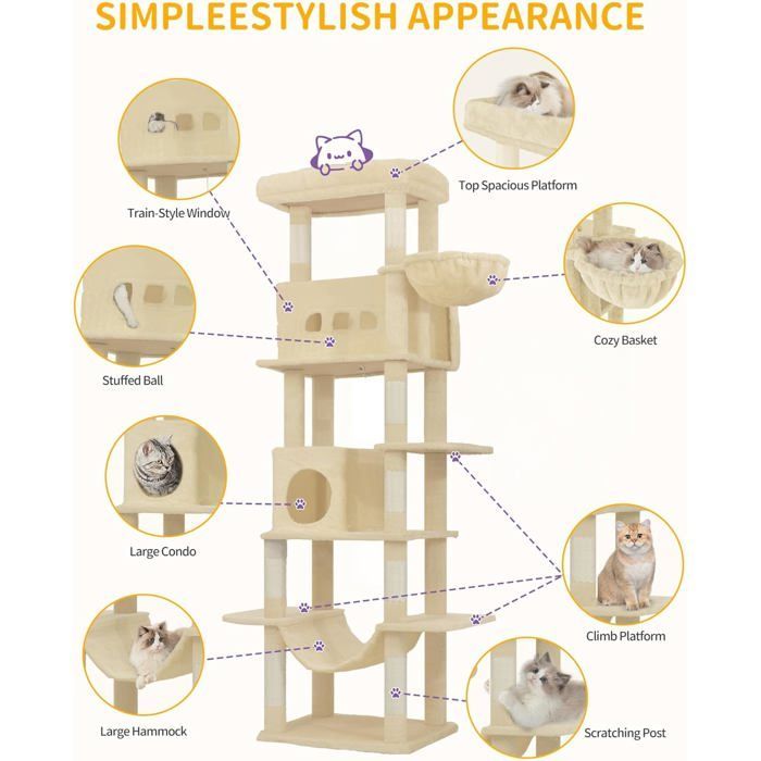Árbol rascador grande para gatos de 210 cm, torre para gatos de interior, con percha grande, alfombrilla lavable, 2 cuevas para gatos, hamaca, color beige.