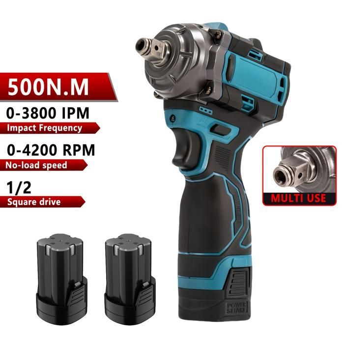 Llave de impacto inalámbrica de 500 Nm - Equipada con 2 baterías y un cargador rápido - 4200 rpm/3800 ipm - 5 ajustes de velocidad - Llave de impacto