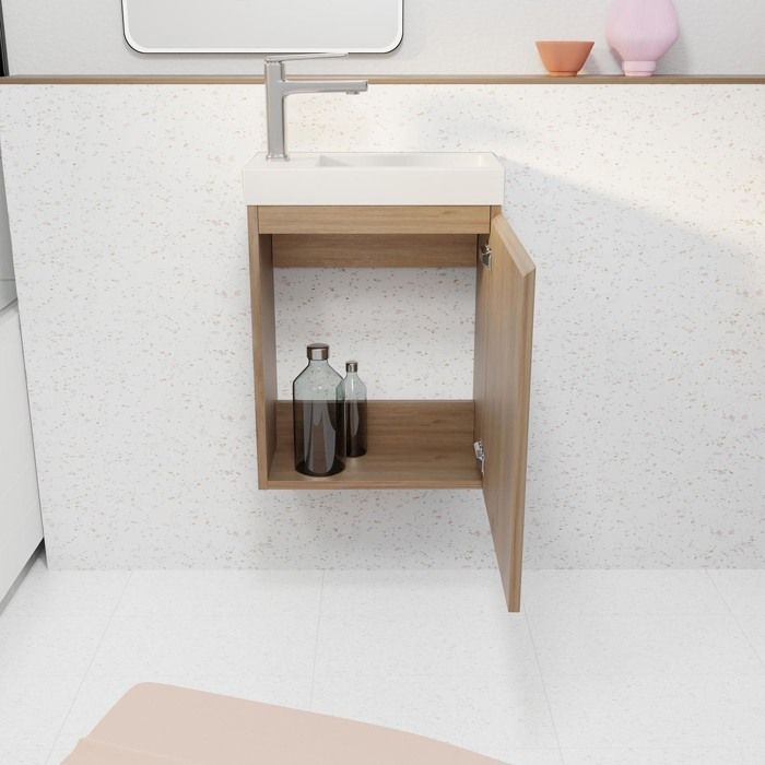 Mueble de baño básico con acabado en madera, 40x50x22 cm, con lavabo SMC blanco.