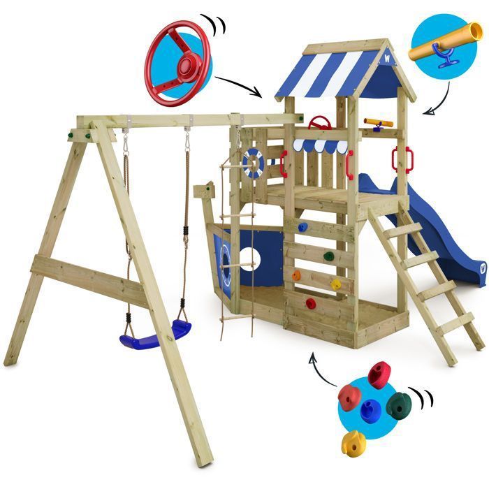 Parque infantil de madeira WICKEY SeaFlyer em formato de barco, com escorregador azul de 220 cm, balanço e caixa de areia – 10 anos de garantia*