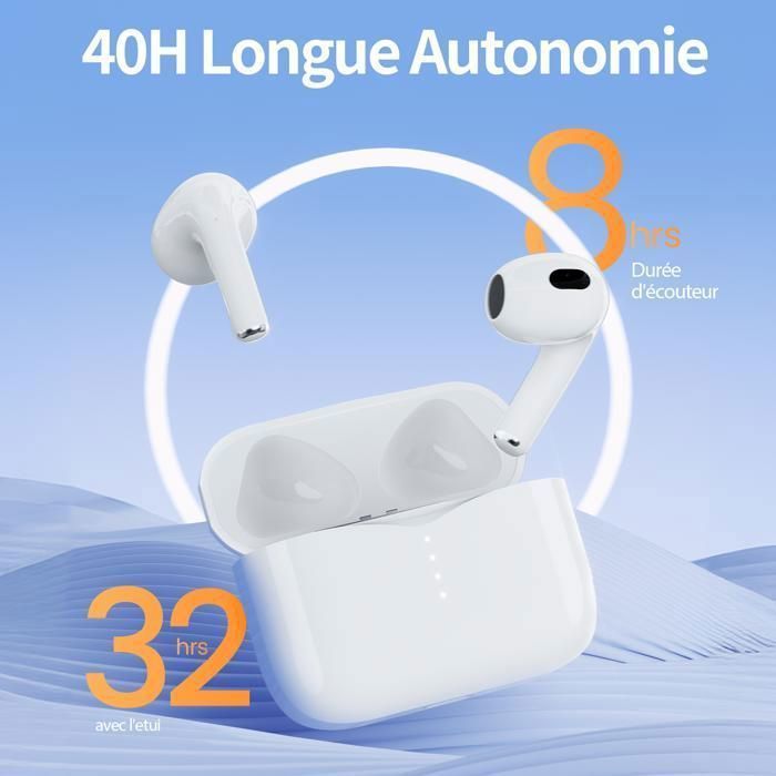 Auriculares inalámbricos VEATOOL, sonido estéreo, controladores de 14 mm, Bluetooth 5.3, reducción de ruido, 40 horas de duración de la batería, resistencia al agua IPX6, color blanco, 2,5 g, ligeros.