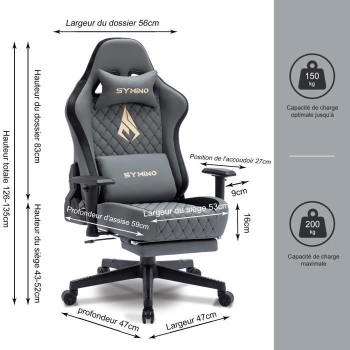 Symino Gaming Chair , Chaise Ergonomique au Design de course, Chaise Pivotante Réglable avec Repose-Pieds, Gris