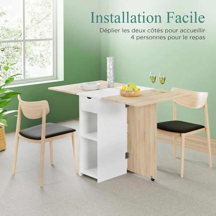 CASABEL – Mesa de comedor plegable, centro blanco y tablero de madera clara, para 2-4 personas – Ahorra espacio en la cocina y el comedor.
