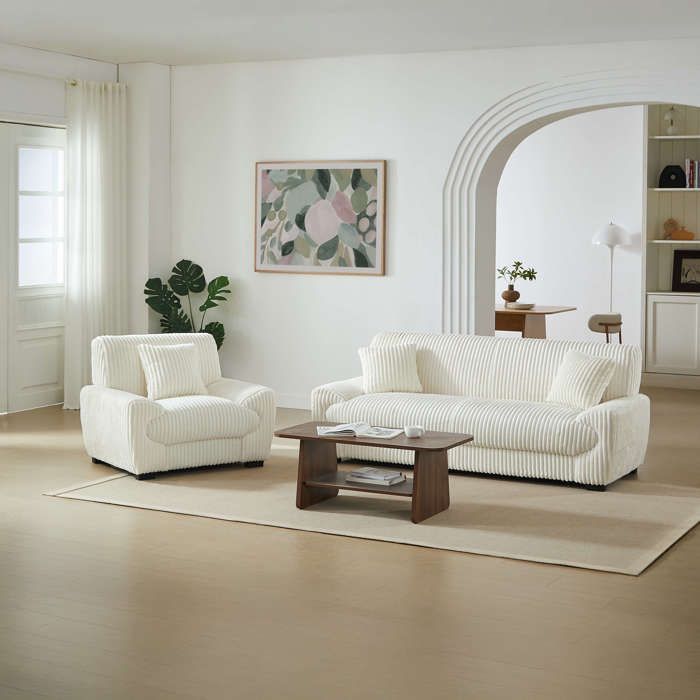 Conjunto de sofá de 3 plazas y sillón ADEA en pana beige.