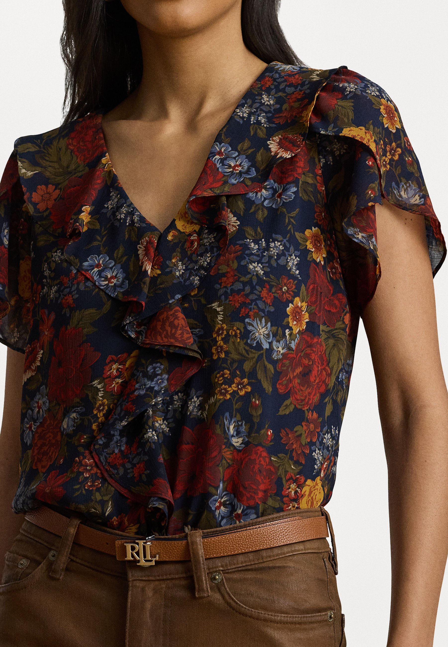 Lauren Ralph Lauren FLORAL RUFFLE TRIM GEORGETTE BLOUSE - Bluza - mornarsko modra/večbarvna