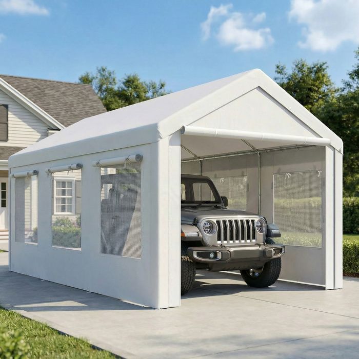 Abri de voiture - Outsunny - protection UV30+ hauteur réglable 6 fenêtres et moustiquaire - acier galvanisé - 3x6m - blanc