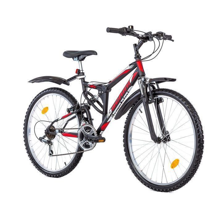 Vélo 26'' - VTT 26'' - Modèle Tout Suspendu - 18 Vitesses avec transmission Shimano & Freins V-Brake  (Garde Boues & Pompe offert)