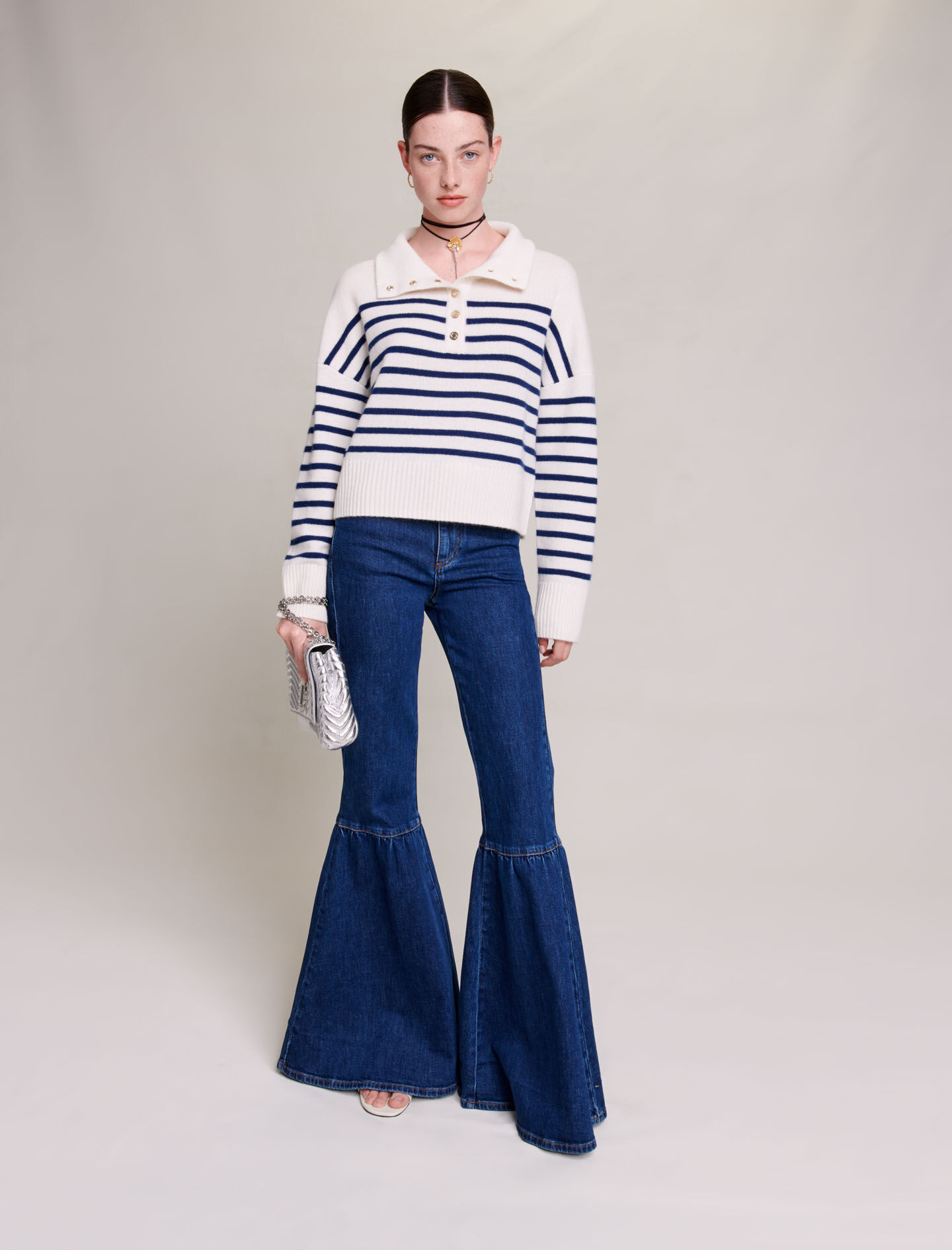 Gestreepte kasjmier trui - Marineblauw / Ecru