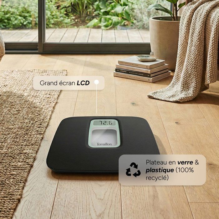 Bilancia da bagno - Terraillon - FRENCHY, Made in France, Piattaforma in plastica riciclata, Capacità 160 kg - Precisione 100 g, Nera