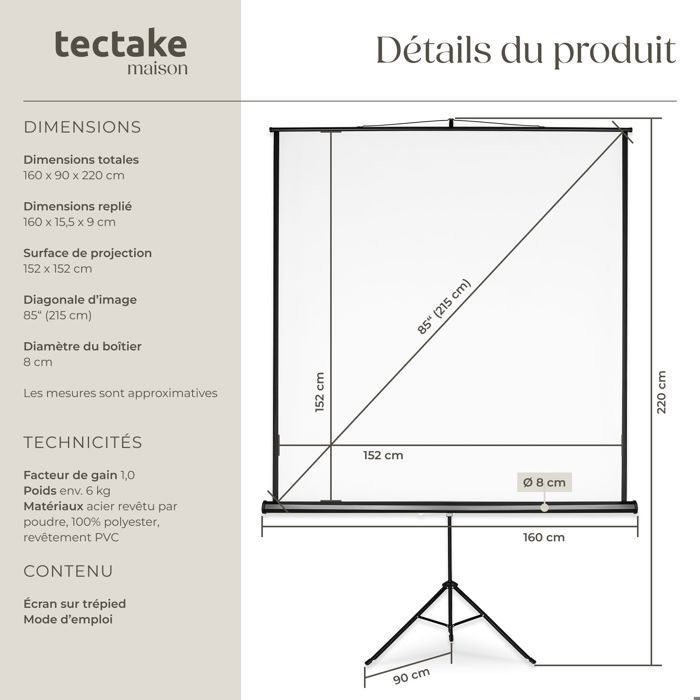Pantalla de proyección - TECTAKE - Pantalla de proyección extensible de poliéster con trípode 152 x 152 cm - Blanca