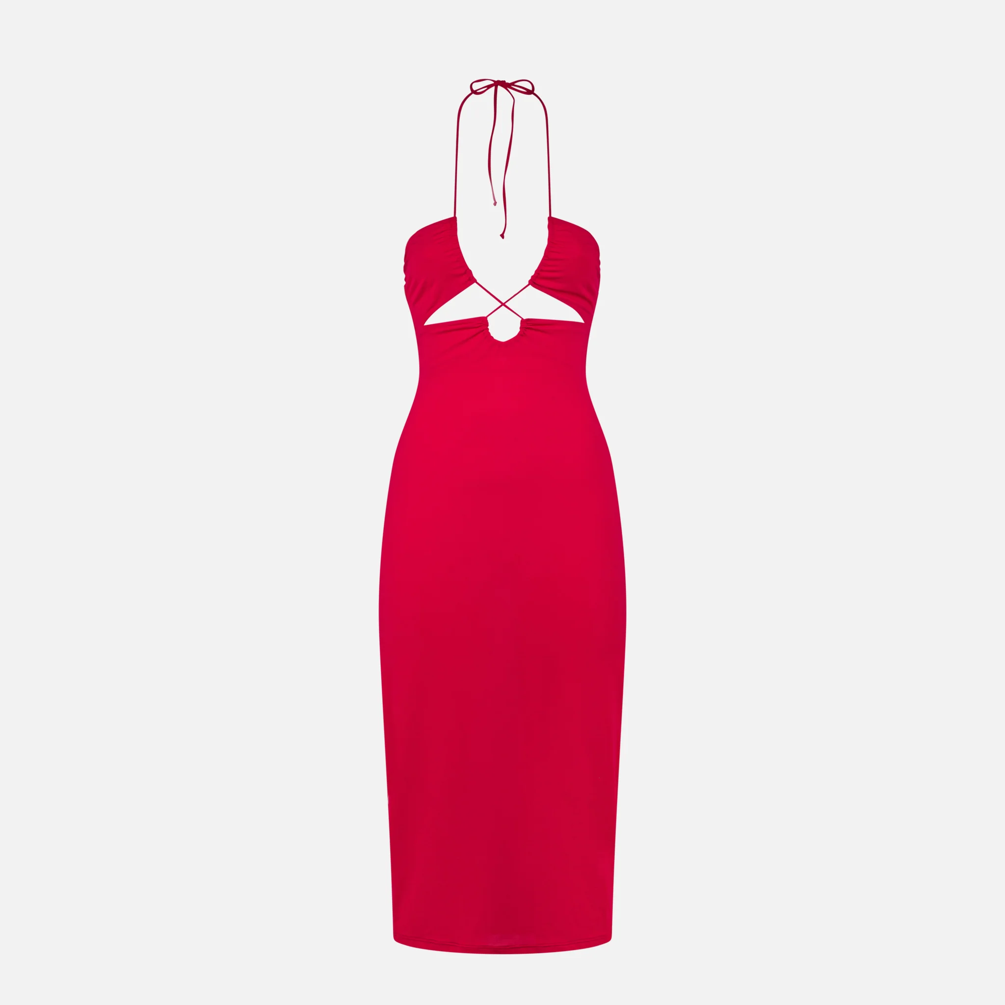 Fuchsia jurk met lange snit.