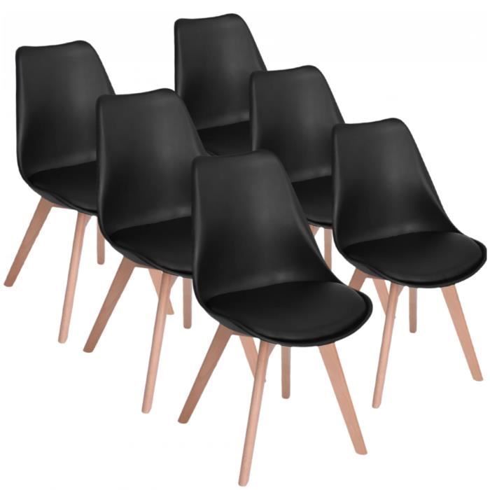 Chaises - Catherina - Lot de 6 - Noir - Pieds en bois - Style scandinave moderne