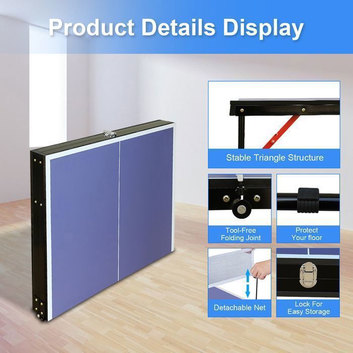 Table de tennis de table avec filet et jeu de raquettes, pliable pour une utilisation,surface bleue,2 raquettes et des balles