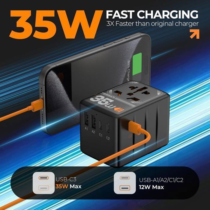 TESSAN 35W GaN universele reisadapter met USB-C snelladen, internationale stekkeradapter voor EU/VK/VS/AUS-stekkers