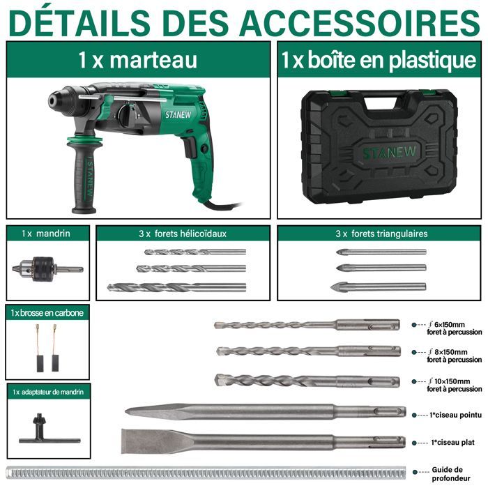 Taladro percutor rotativo - STANEW - Con cable SDS Plus - 950 W - 4 funciones - 16 accesorios