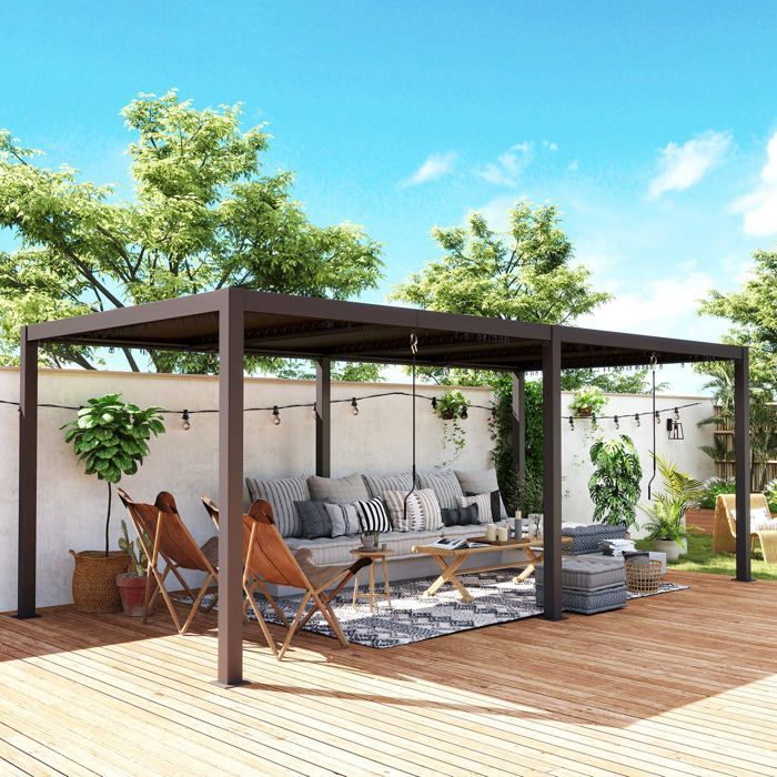 Pérgola bioclimática - Outsunny - persianas com acionamento por manivela - teto e ganchos ajustáveis em alumínio - 3 x 6 m - cinza