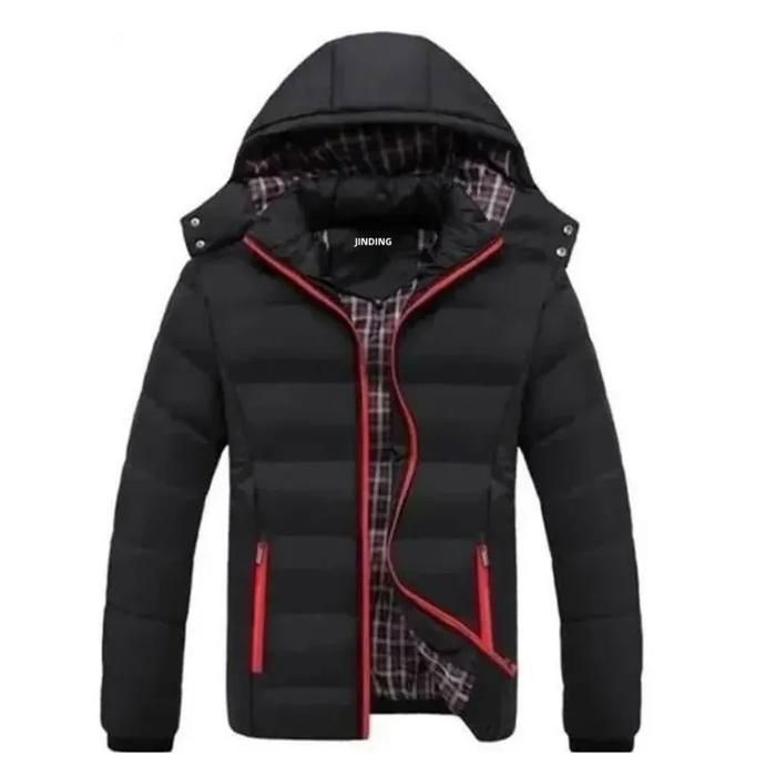 Jaqueta puffer casual masculina JINDING com capuz, parka grossa com zíper, preta, 100% poliéster.