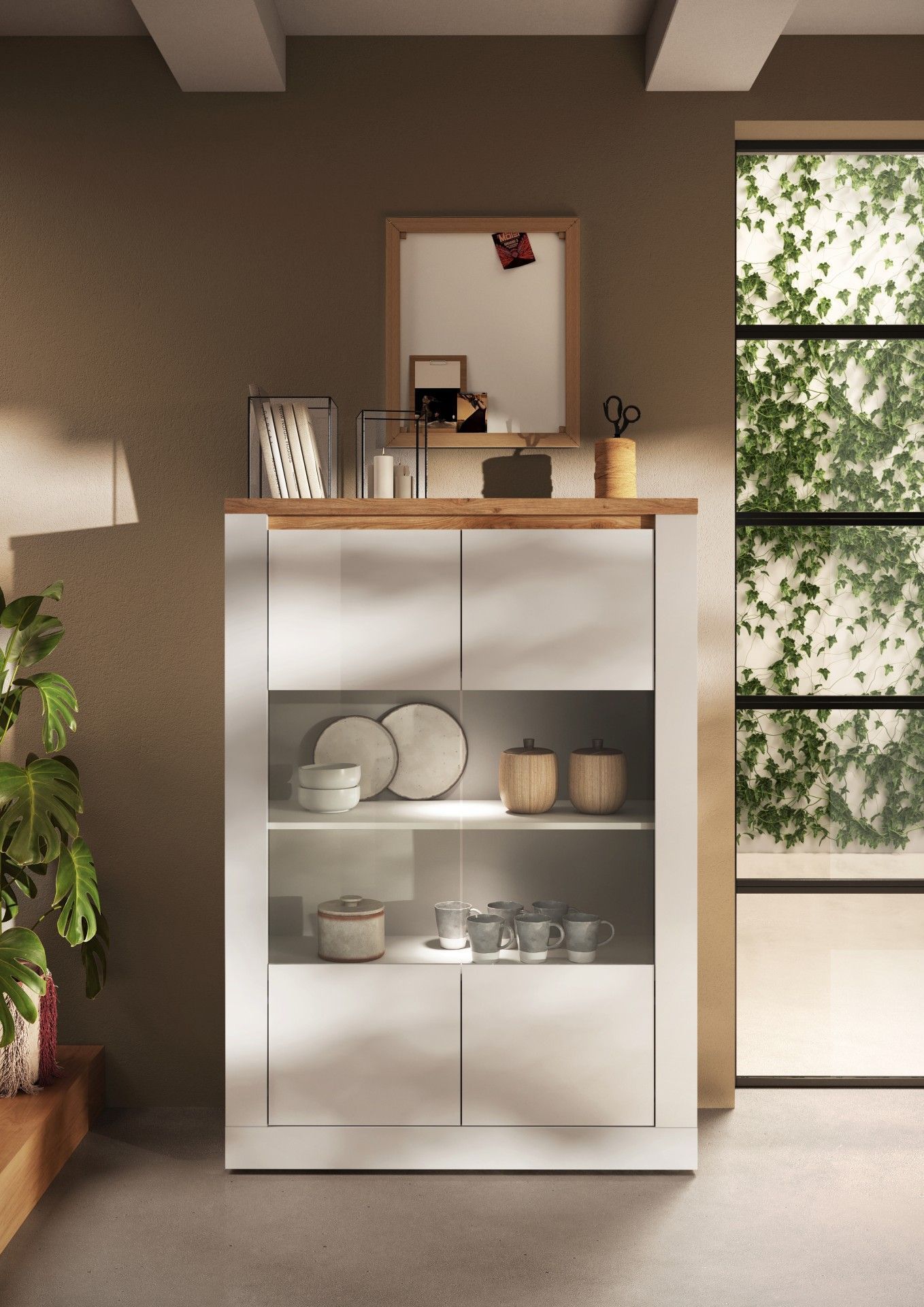 Vitrine - IMOLA - Blanc laqué / Plateau chêne cadiz - 2 Portes - Fabrication Italienne - 114 x 43 x 160 cm