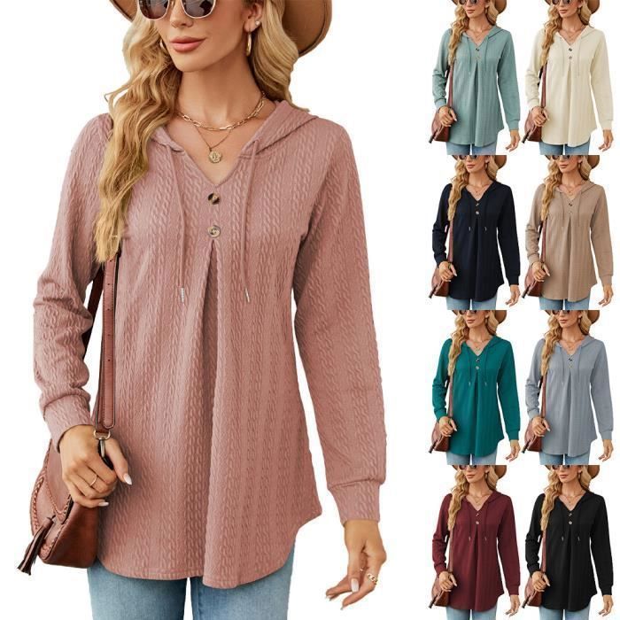 Sudadera con capucha de punto con cuello en V para mujer - INSFITY - Verde oscuro - Manga larga - Cuello con capucha