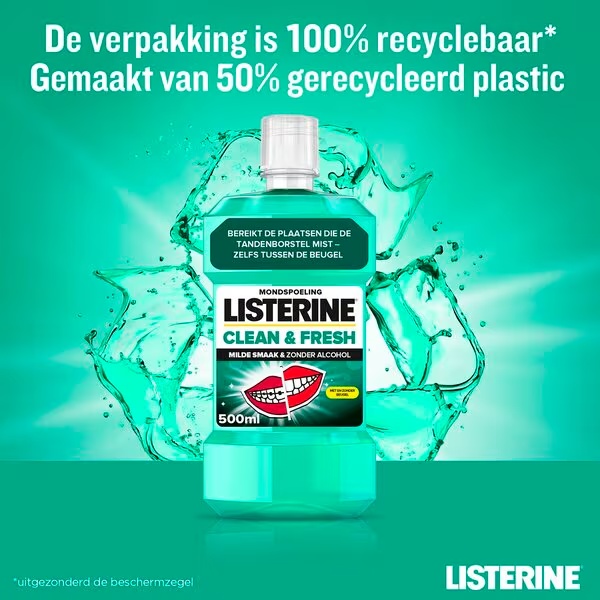 Листерин вода за испирање уста Clean & Fresh 500 мл - без алкохола