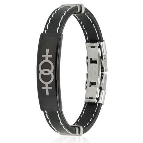 Bracelet Femme Acier Caoutchouc Symbole Deux Femmes Fierté Lesbienne - Marque - Modèle - Réglable - Noir