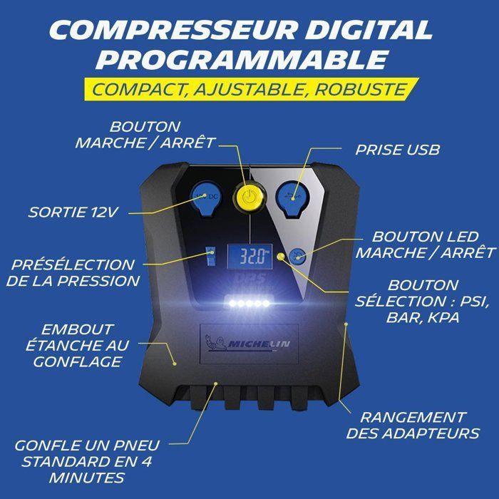 Compresor programable de 12 V de 0,05 bar a 7 bar - MICHELIN - Programable - para coches, motocicletas, bicicletas, balones y colchones de aire
