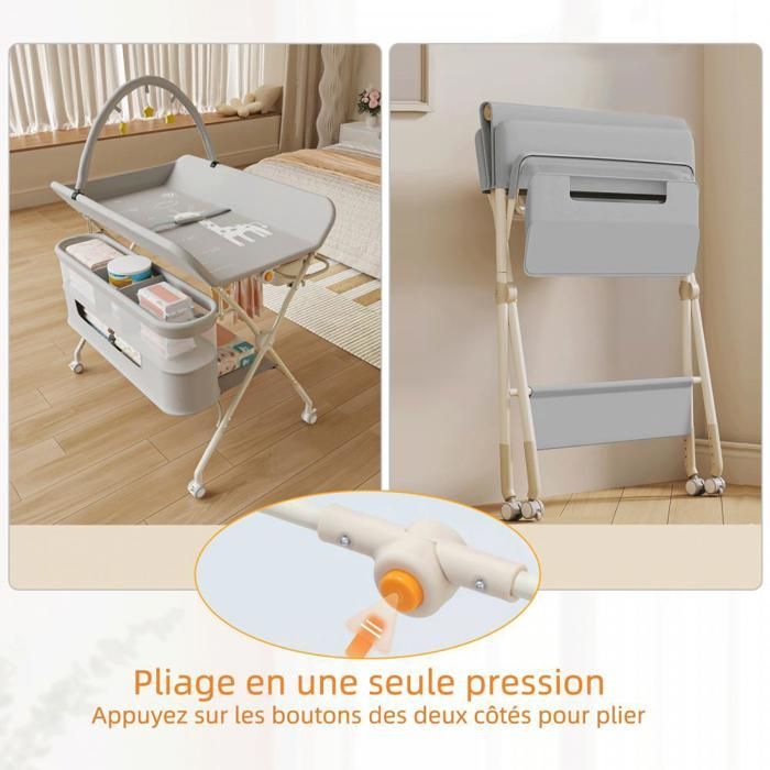 Mobile/Foldable Changing Table - Changing Surface with Side Basket and 3 Toys - Adjustable Height - 80x73x86-94 cm - Grey