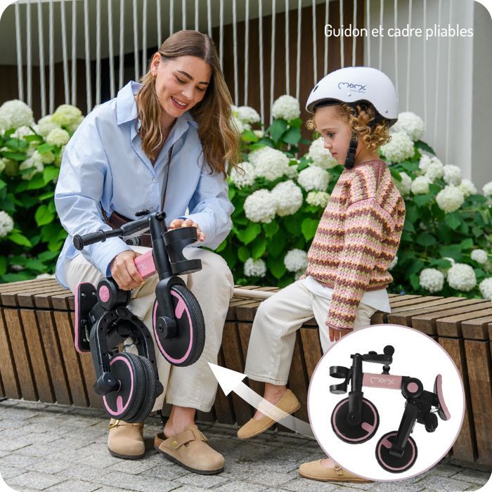 3-in-1 Tricycle - MoMi FILO - Folds without tools - 2 seat heights - From 18 months - Pink