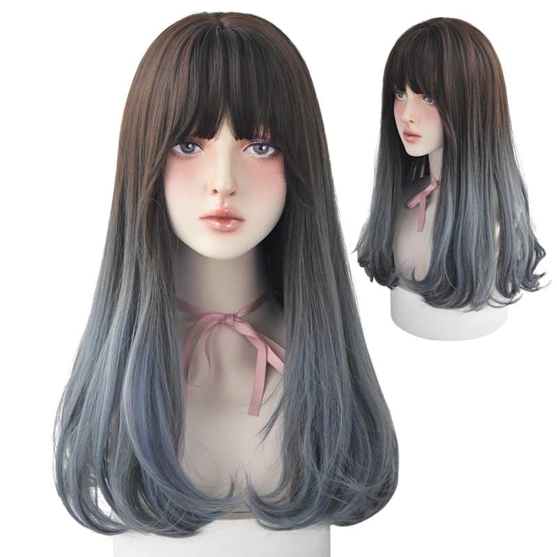 Parrucca sintetica blu e nera di alta qualità per abbigliamento casual, ideale per ragazze, modello 2020, nuova moda, resistente al calore, con capelli naturali e soffici.