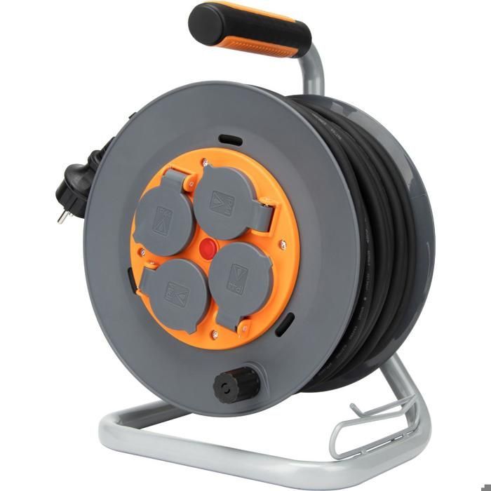 Carrete de cable para obras IP44 con 4 tomas de 16 A, cable 3G1.5mm², 25 m de cable - Naranja - Zenitech