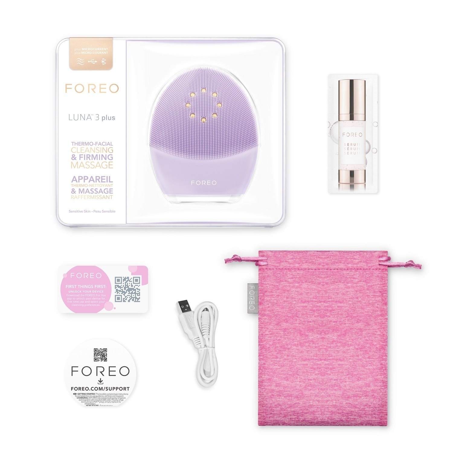 FOREO LUNA™ 3 електрични масажер за лице плус термални чистач лица за осетљиву кожу са микрострујом - лаванда
