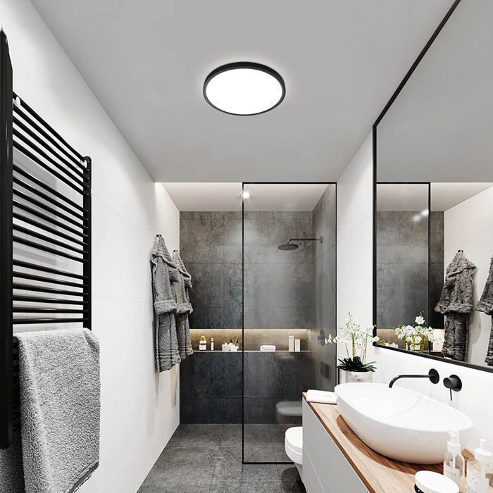 Dorlink Plafonnier LED, Plafonnier Salle De Bain 24W 6500K, IP50 Étanche, Noir, Ø 30CM [Classe énergétique E]