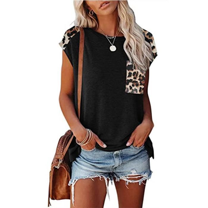 Camiseta de mujer - FONDUPIN - Cuello redondo - Hombros descubiertos - Estampado de leopardo - Negra