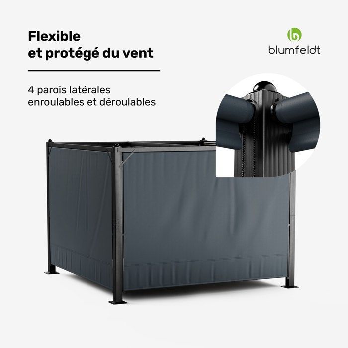 Pérgola Blumfeldt Pantheon Cortina de 3x3 m, resistente a la intemperie, extensible, de fácil montaje, color antracita/negro.