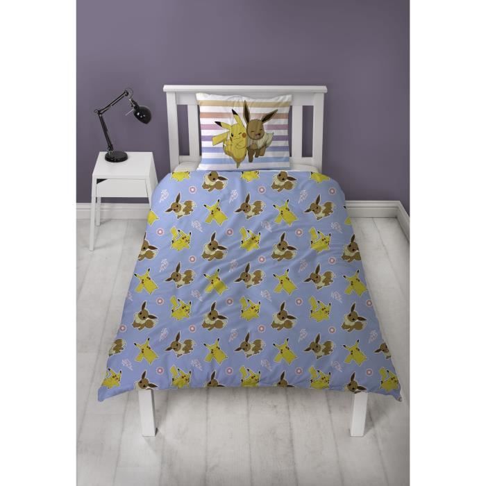 Reversible bedding set - POKEMON - Pikachu and Eevee - Microfiber - 1 duvet cover 140 x 200 cm + 1 pillowcase 63 x 63 cm