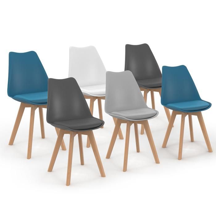 IDMARKET Lot de 6 chaises de salle à manger SARA scandinaves blanc, gris clair, bleu canard x2, gris foncé x2