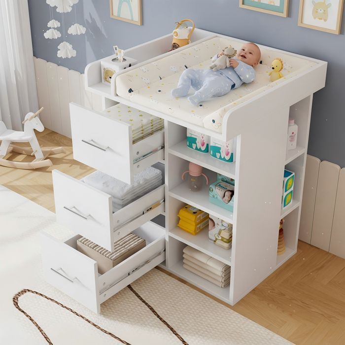Commode à langer - Blanc pur - 3 tiroirs - Espace latéral - Étagères réglables - Espace à langer sécurisé