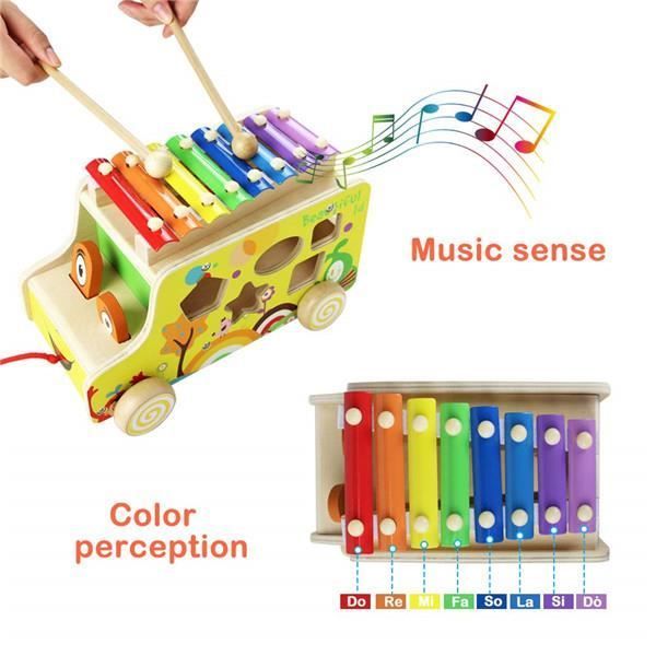 Baby/Toddler Wooden Bus Toy, Children's Building Set, Wooden Xylophone for Babies 18 Months and Up, Geometric Shapes, 8 Tones, and Wooden Hammer