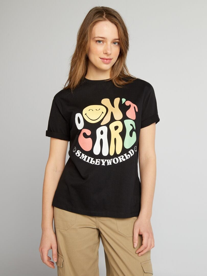 Oversized T-shirt met ronde hals en smileyprint - Zwart