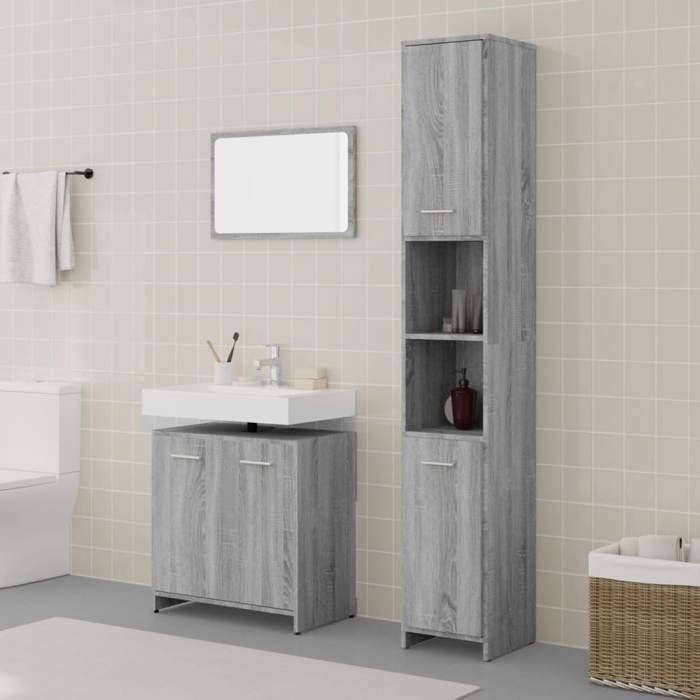 Badkamermeubelset - KALISSE - Sonoma grijs - Samengesteld hout - Spiegel 60x37 cm