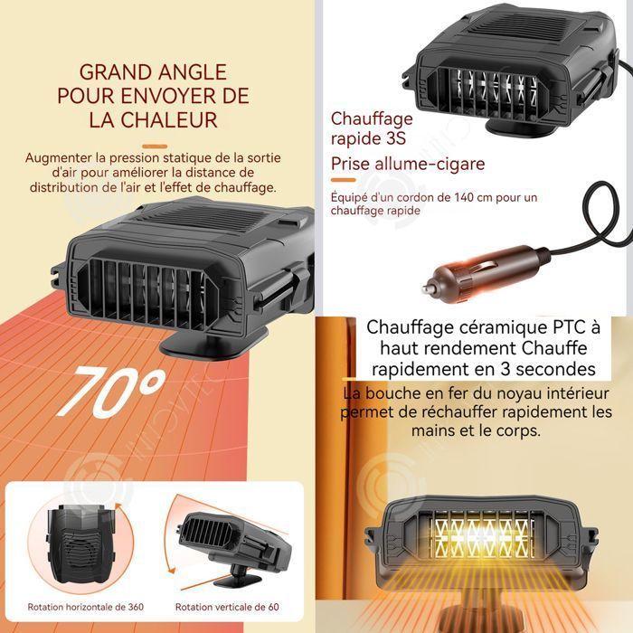 PAS Chauffage de voiture 150W 12v air froid et chaud rotatif à 360 degrés dégivrage et désembuage chauffage réchauffeur de voiture
